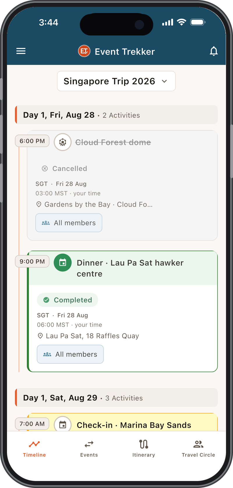 The Event Trekker timeline - one trip's activities on a single scrollable timeline, each shown in venue time next to your home time.
