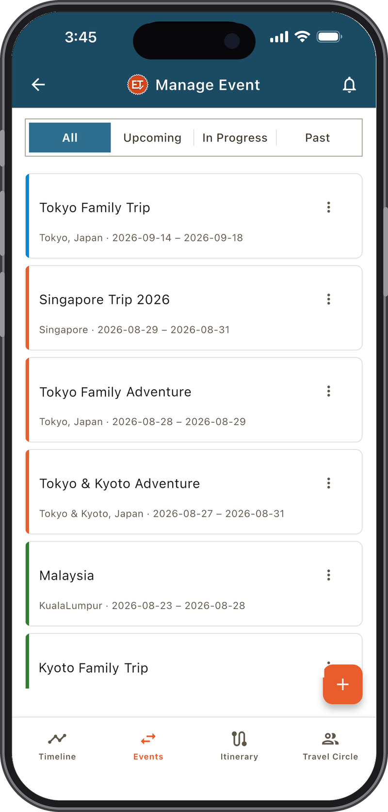 Manage Events screen - all your trips in one list: upcoming, in progress and past.