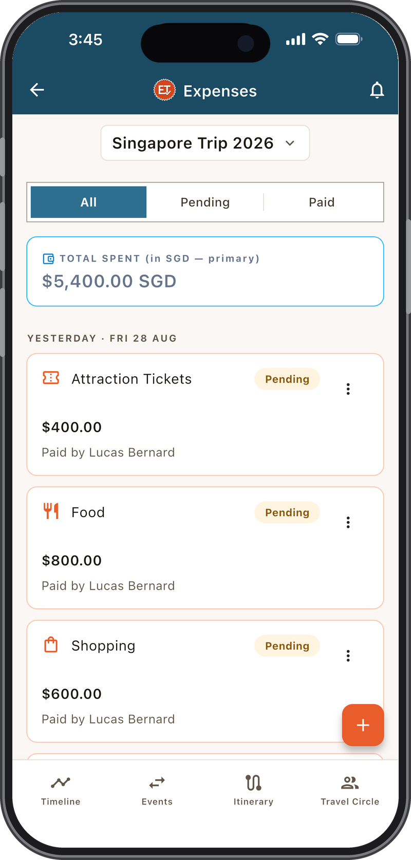 Expenses screen - total in SGD, pending items, split by who paid.