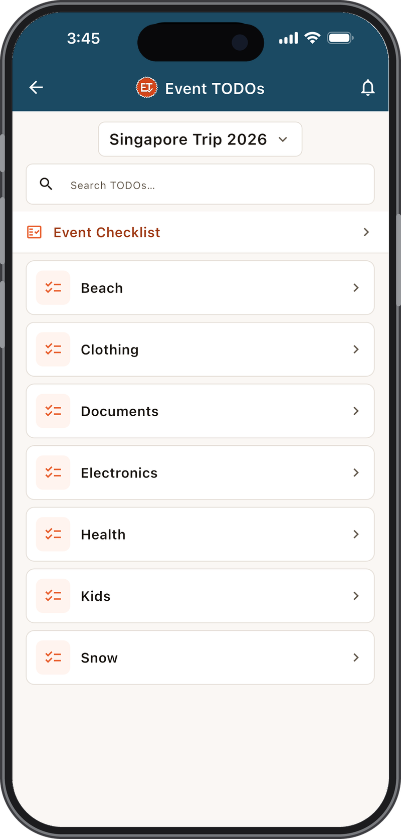 Event checklist screen - packing templates like Beach, Clothing, Documents and Electronics to tick off.