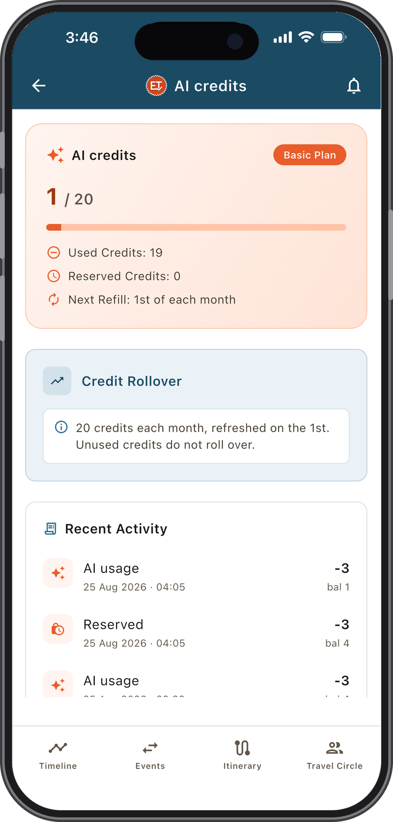 AI credits screen - remaining credits, monthly refill and recent AI activity.