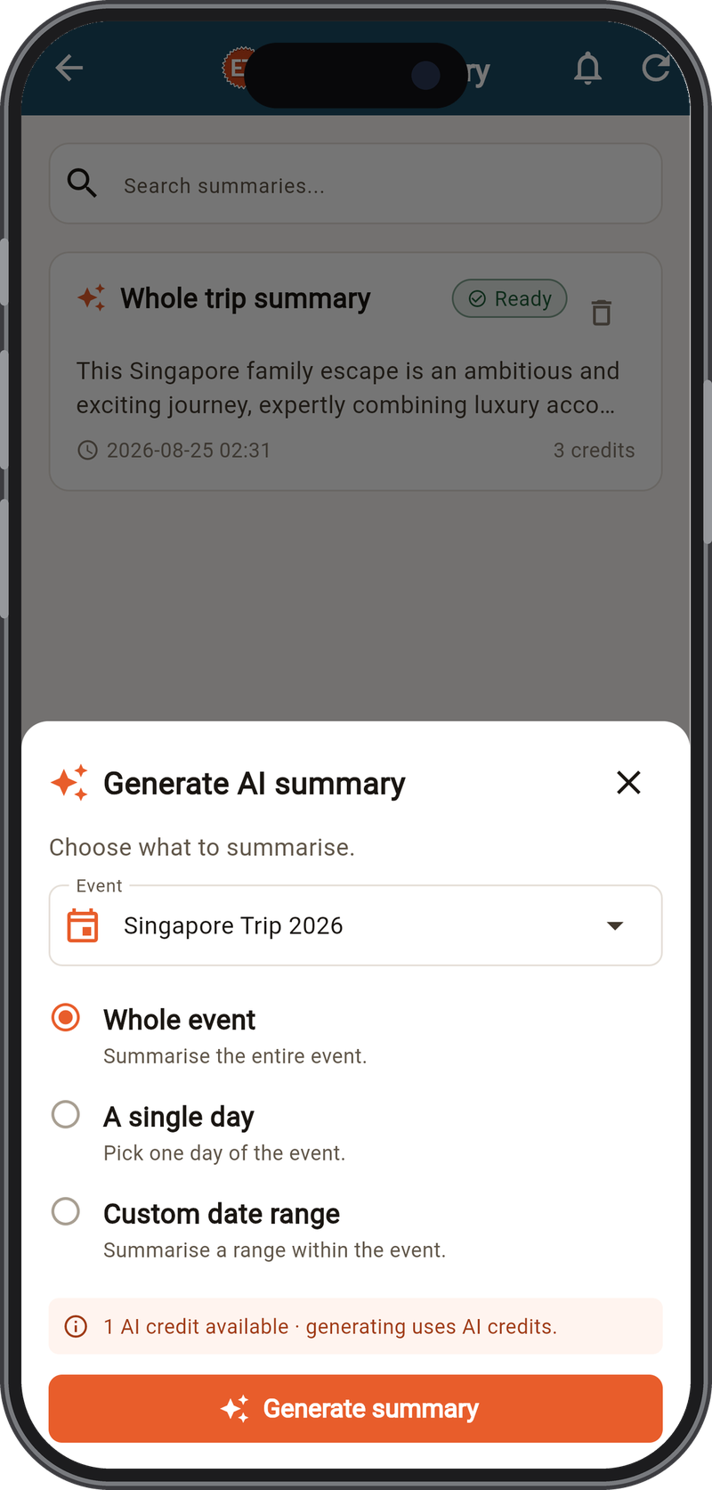 Generate AI summary scope sheet - choose the whole event, a single day, or a custom date range for the Singapore Trip 2026.