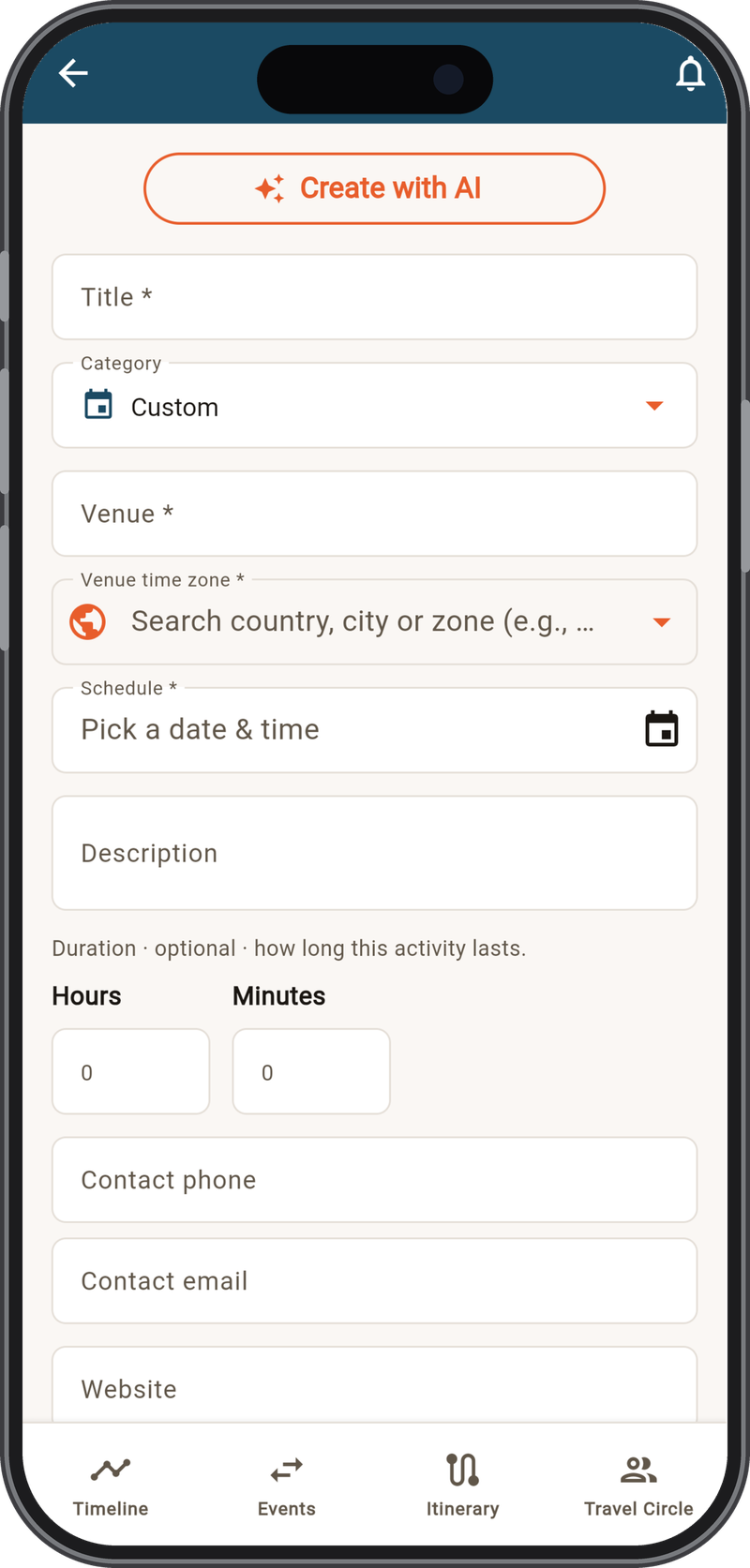 Create with AI - the AI-assisted add-activity screen that drafts an event from a few words.