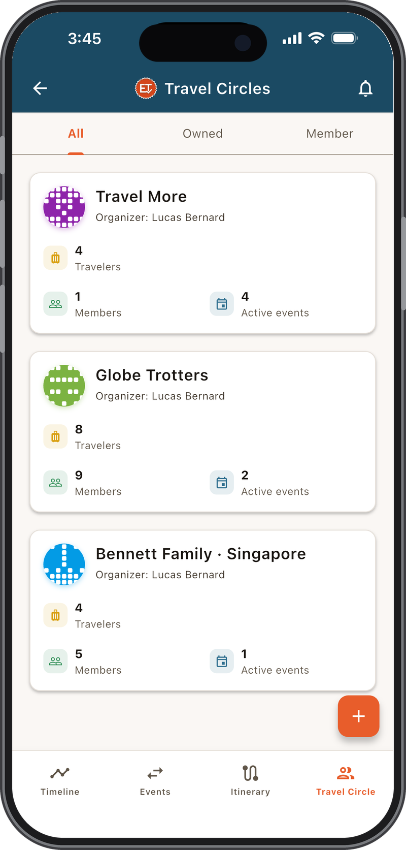Travel Circles list - your circles with the families you travel with, ready to invite and share the plan.