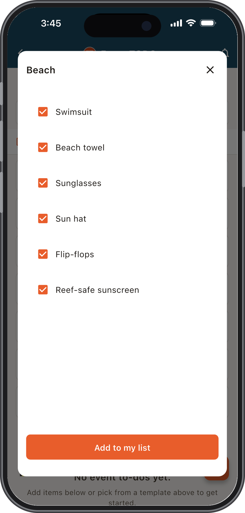 Beach packing checklist for the Singapore trip with template categories to tick off.