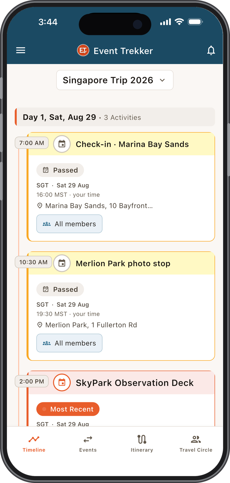 Timeline for the Singapore trip showing Day 1 activities with venue time and your time.